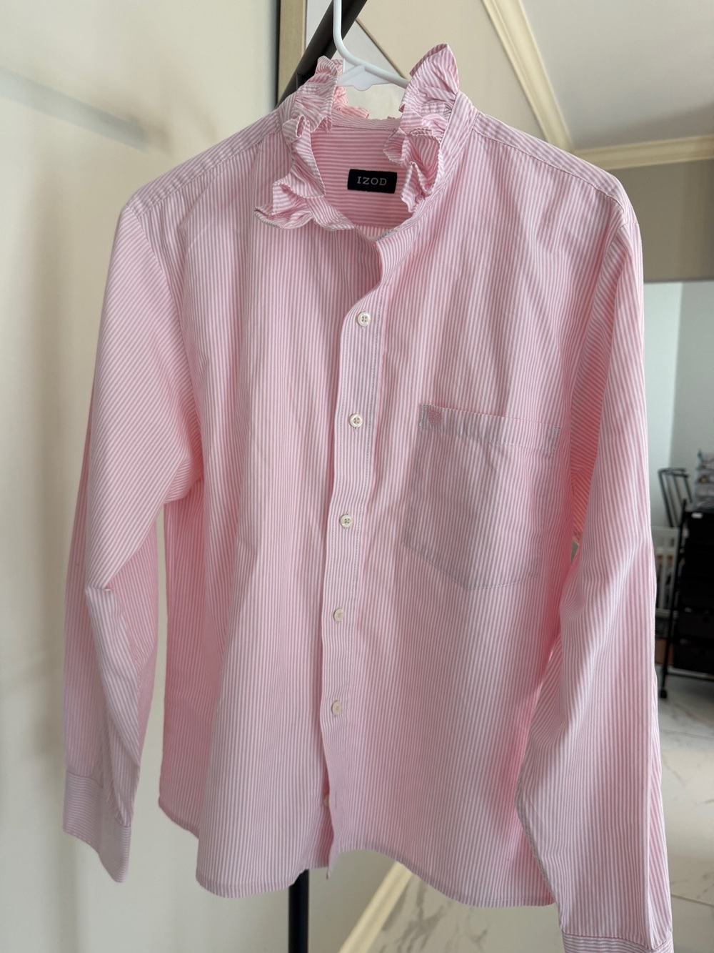 Upcycled ruffle collar women’s Button-Down Shirt in pink and white stripe. M.